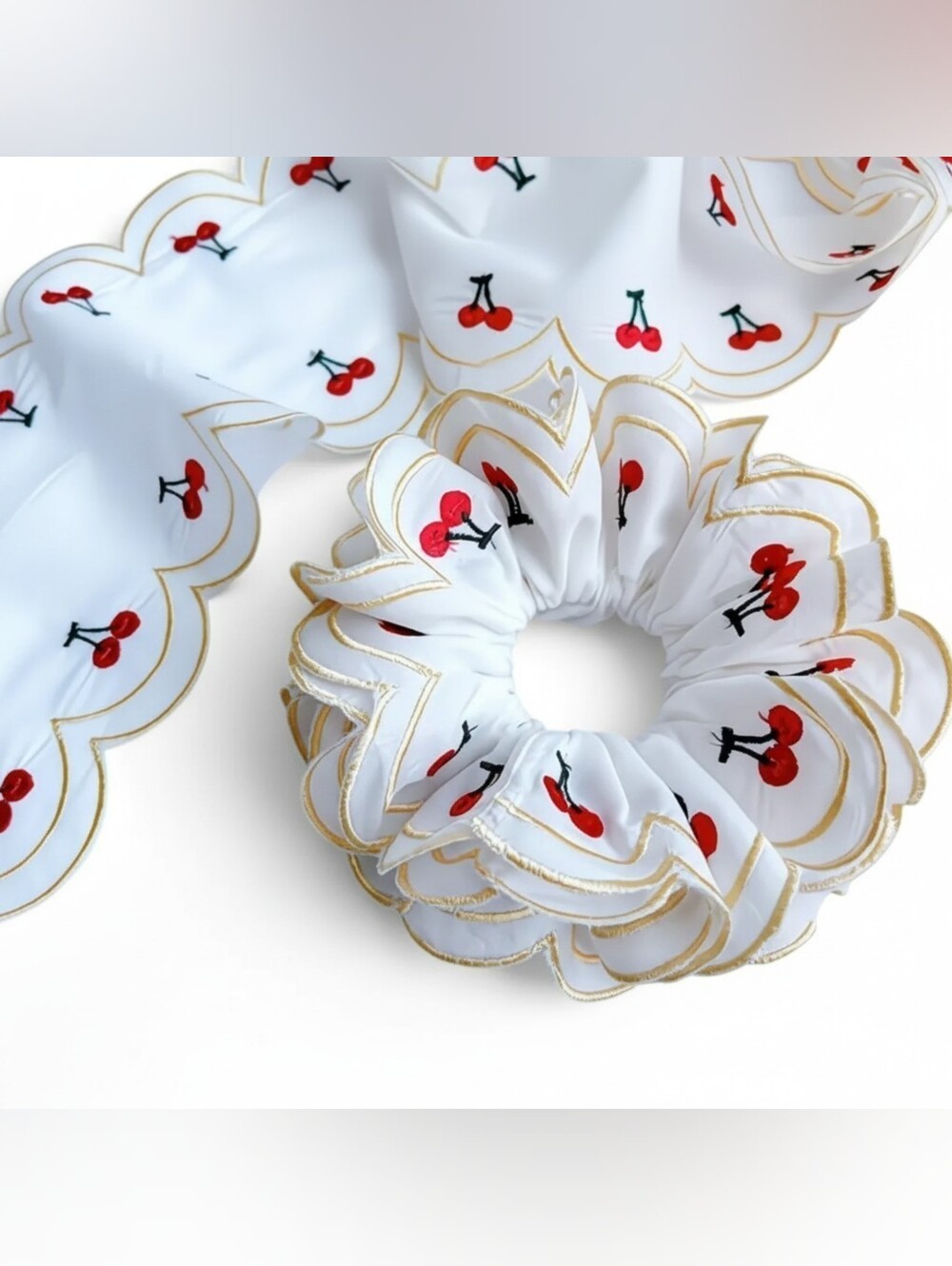 Embroidered White Cherry Print Ruffled Scrunchie with Gold Trim